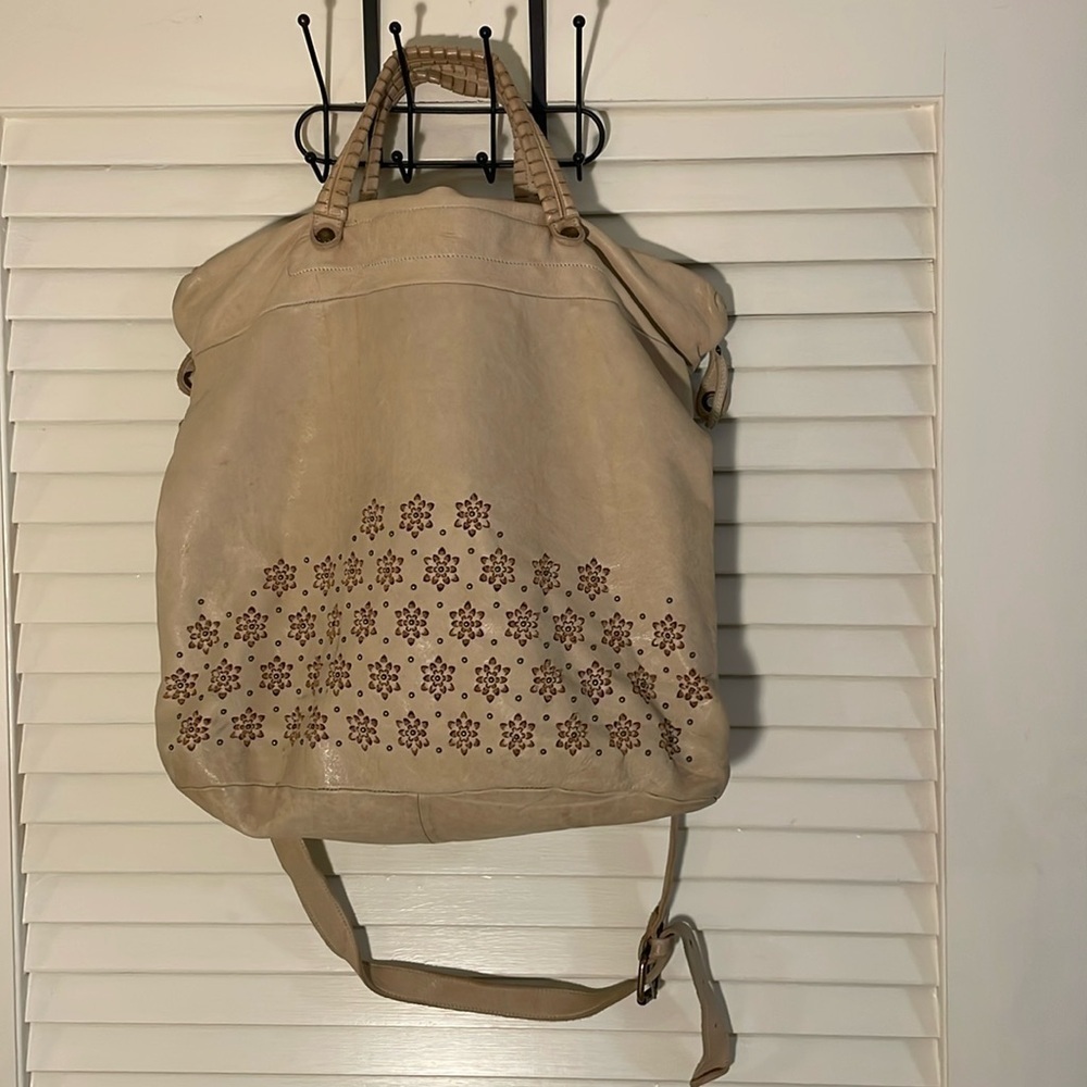 Erreleventidue RL22 Soft Cream Leather Handbag with Cut Out Brass Studs Flowers